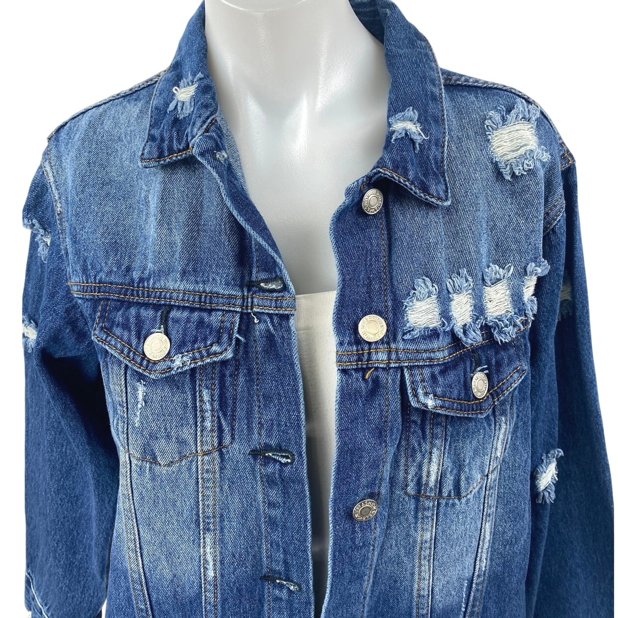 The Iconic Women's Blue Long Sleeve Button Down Distressed Denim Jeans Jacket M — image 3 of 6
